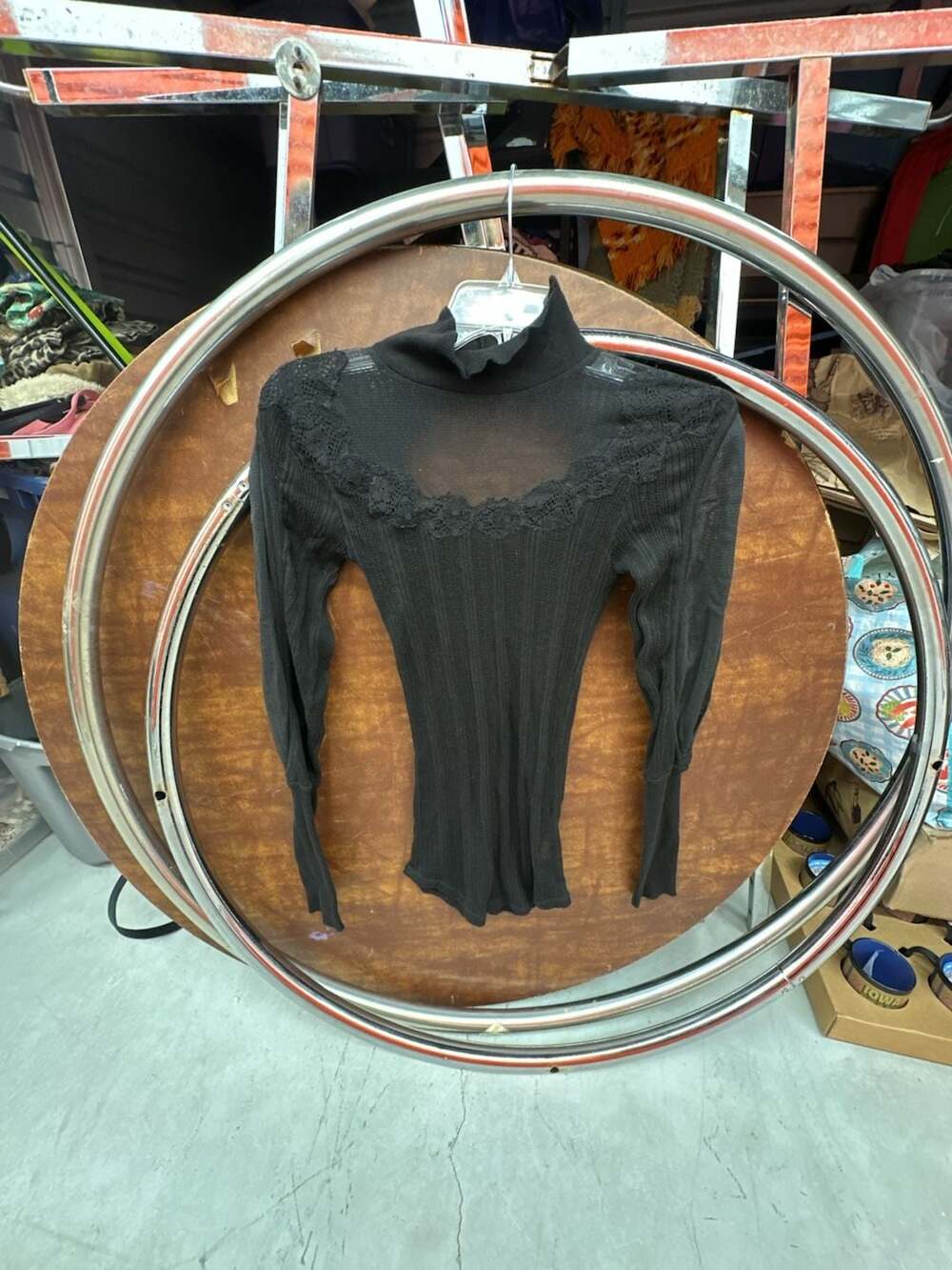 Free People Black Ribbed Mock Neck Long Sleeve Top with Lace Trim and Back Cutou
